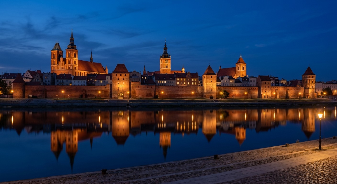 Gotyckie Stare Miasto Torunia o zmierzchu, ceglane mury i wieże, ciepłe światło, dostojny nastrój akademicki